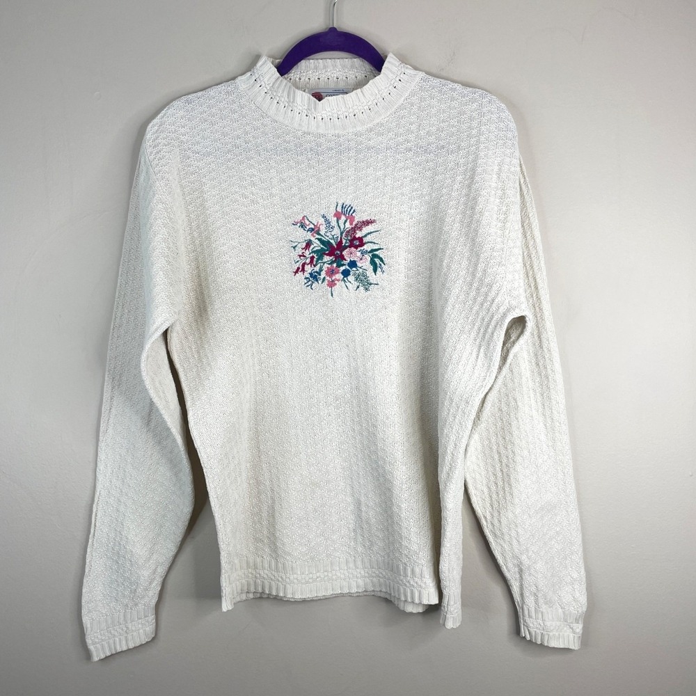 Vintage 90s Embroidered Floral Sweater Large Cottage Granny Grunge Pullover